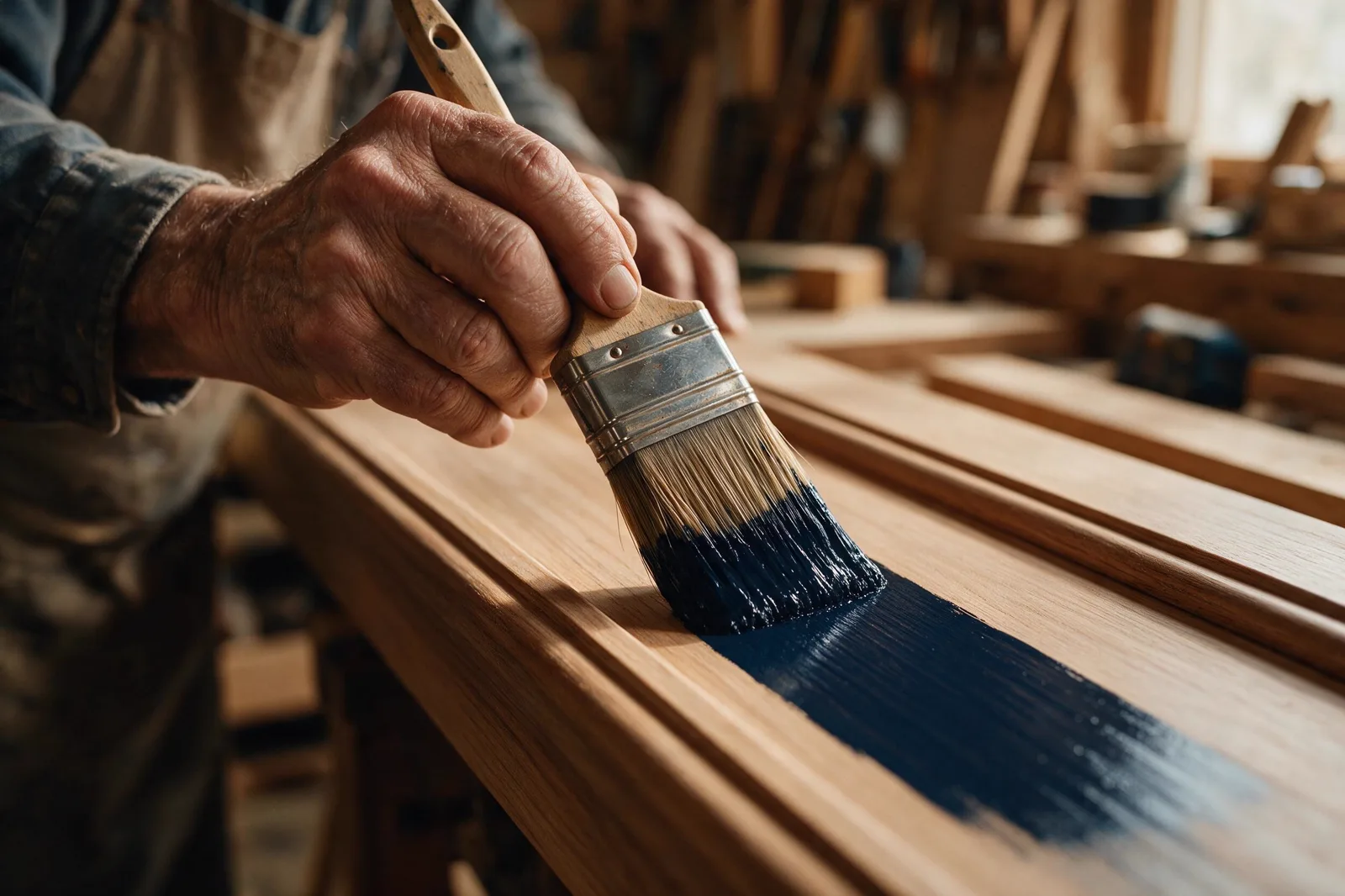 Master painter's hands applying navy paint to wood trim
