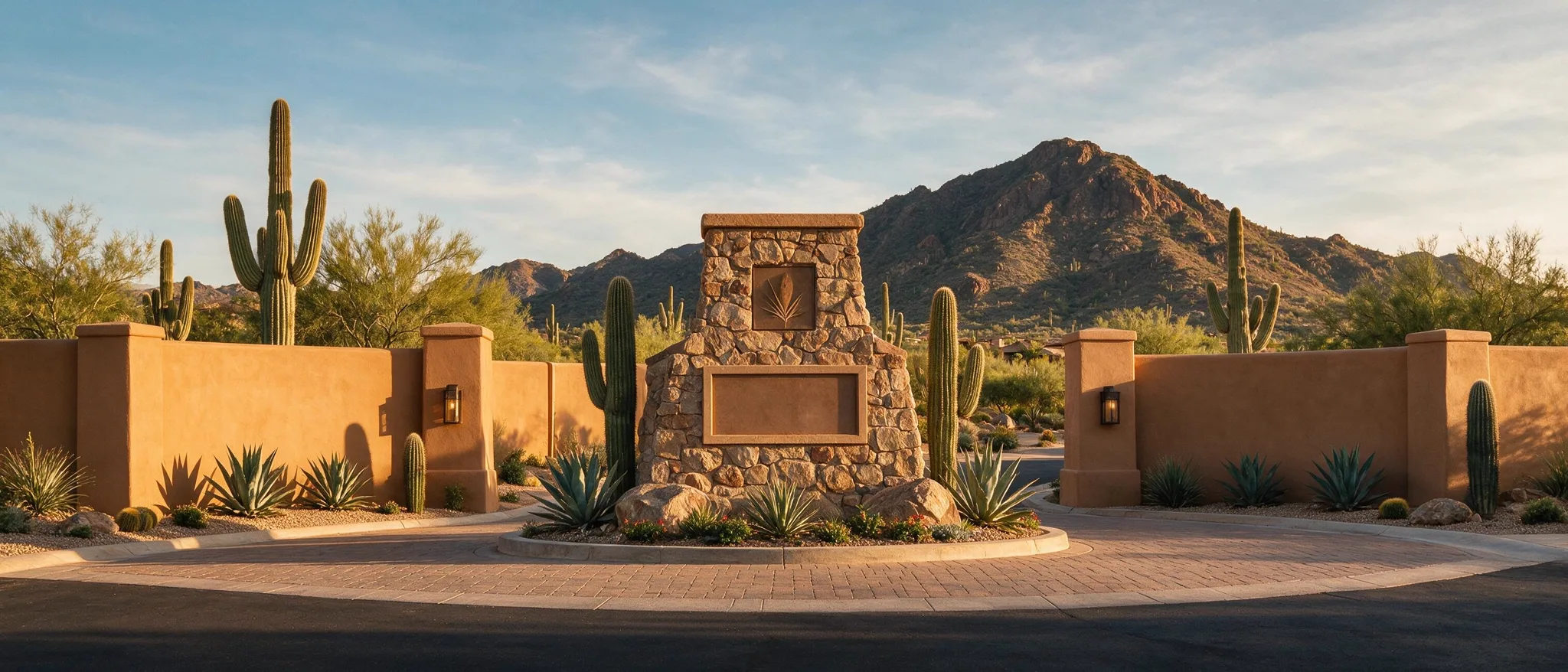 Freshly painted Scottsdale community entrance with stone monument and desert landscaping