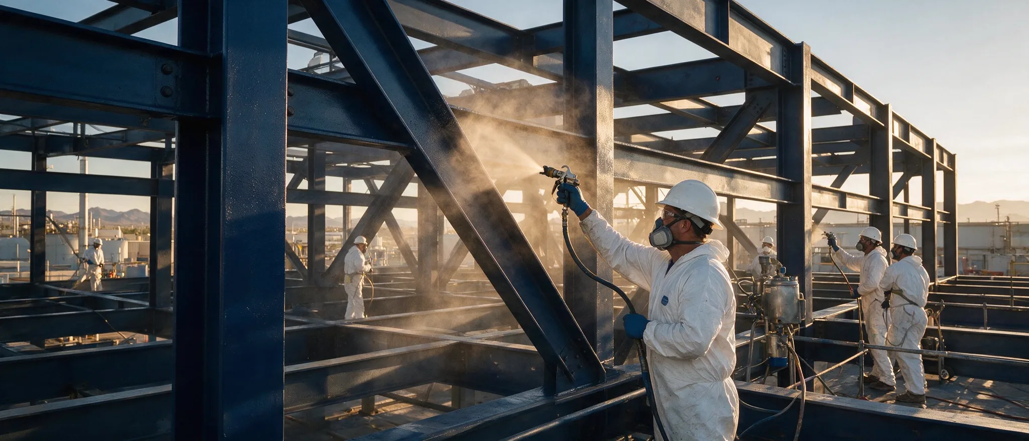 Coatings crew spray-applying protective coating to structural steel at an Arizona facility