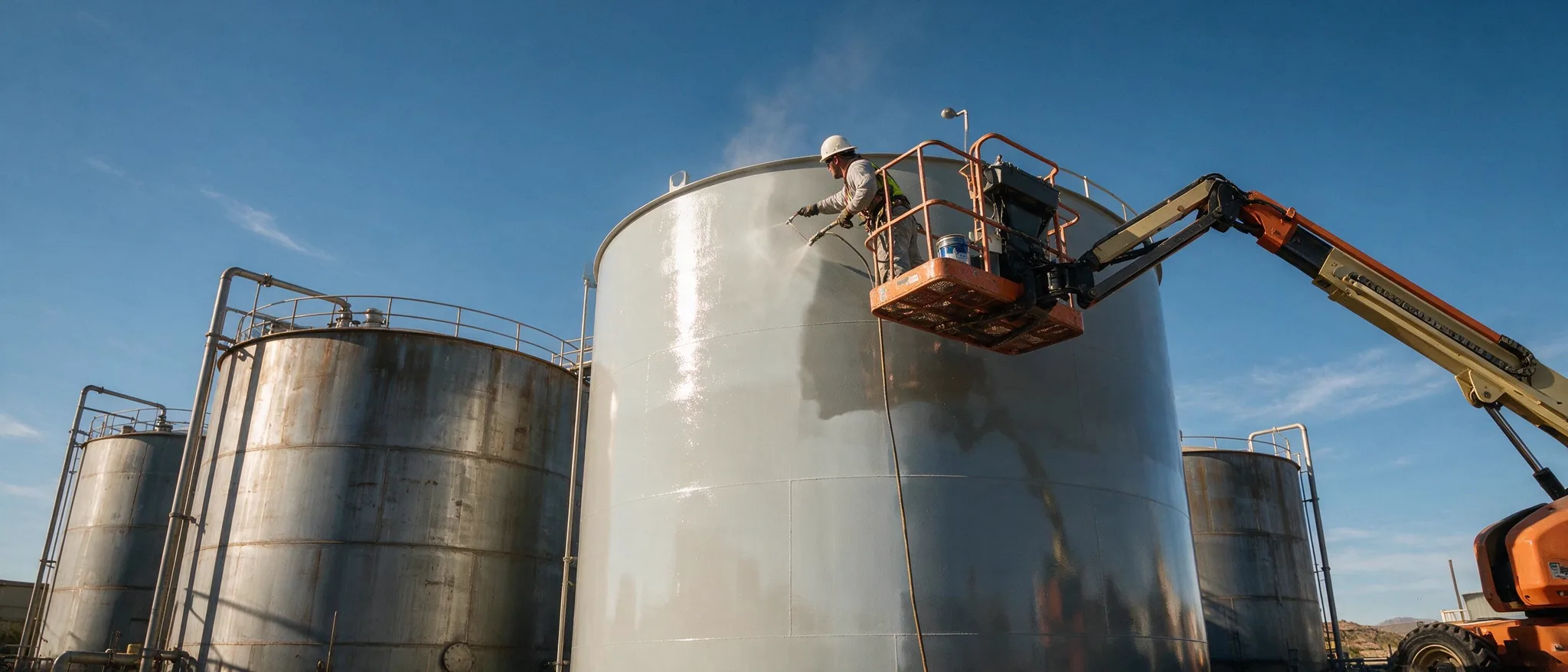 Coatings professional on a boom lift coating a large steel storage tank
