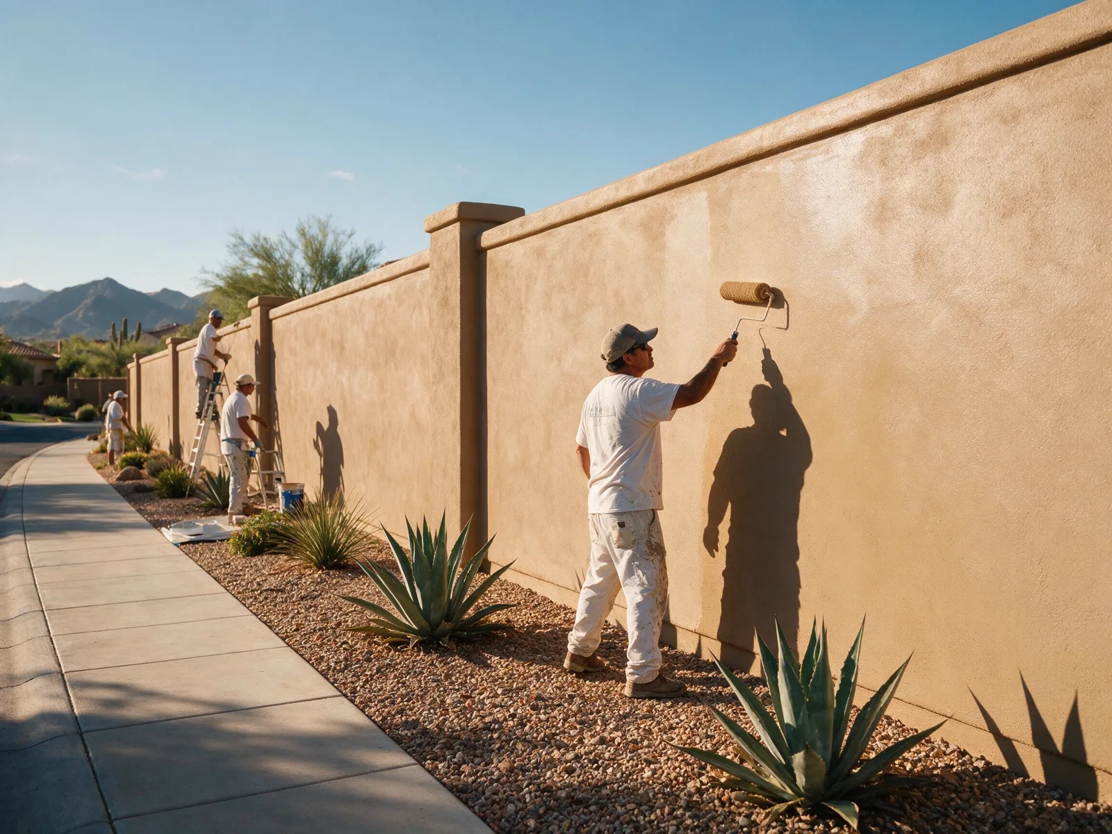 Painter rolling fresh coating onto a community perimeter wall in Scottsdale