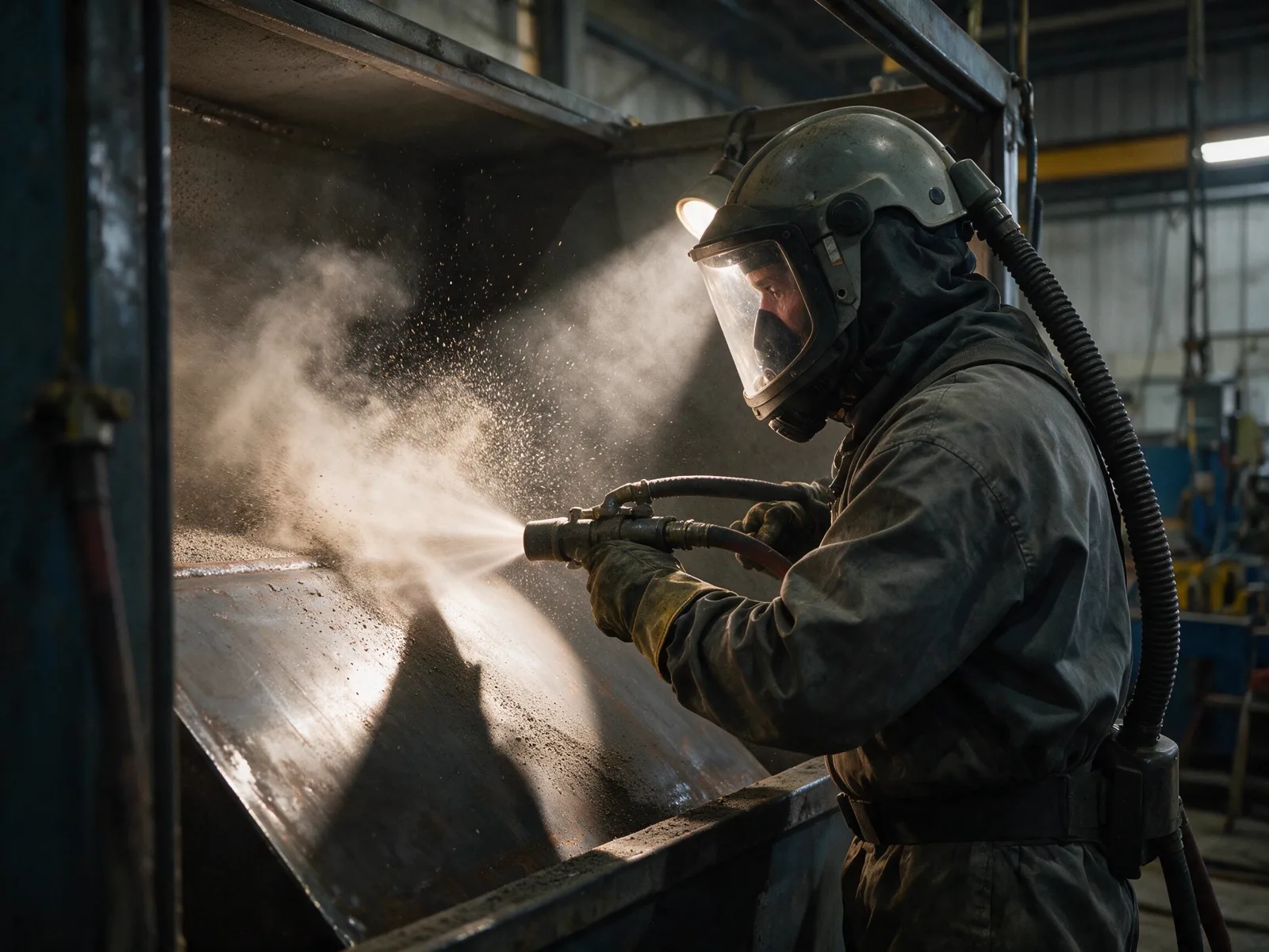 Abrasive blasting operator in protective suit blasting steel in containment